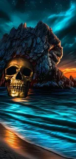 Golden skull in ocean sunset with mystical aura.