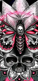 Mystical pink skull and butterfly artistic wallpaper.