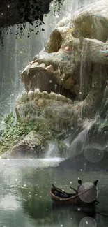 Mystical stone skull emerging in serene, waterfall-filled cave landscape.