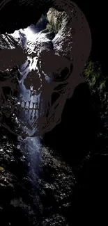 Dark cave wallpaper with a mystical skull.