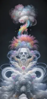 Mystical skull emerging from vibrant clouds in an abstract art piece.