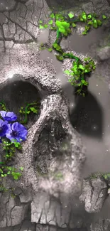 Skull wallpaper with purple flowers and green leaves on gray stone.