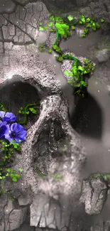 Mystical skull with flowers and foliage in textured artwork.