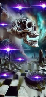 Surreal skull in a mystical galaxy setting with a checkerboard landscape.