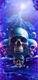 Blue cosmic skulls in a mystical galaxy storm wallpaper.