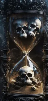 Dark hourglass with skulls and smoky design, captivating gothic wallpaper.