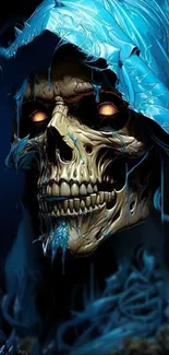 Mystical skull with glowing eyes and blue hood mobile wallpaper.