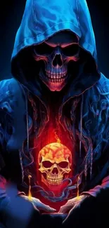 Mystical skull in blue hood with fiery glow, digital art.