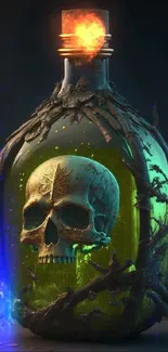 A skull encased in a glowing green bottle surrounded by dark branches.