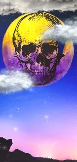 Skull artwork set against a vibrant starry and cloudy sky with purple hues.