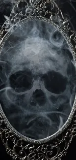 Intriguing skull within a smoke-filled vintage mirror frame on a dark background.