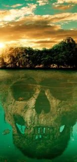 Skull illusion with island reflection in emerald waters at sunset.