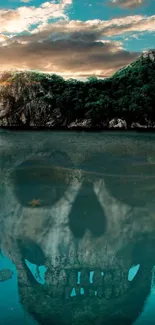 Skull reflection in turquoise island water landscape.