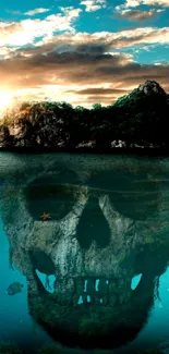 Mystical skull island over ocean with vibrant, colorful scenery.