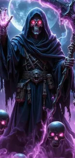 Mystical skull mage with glowing purple aura and skulls in a dark fantasy scene.