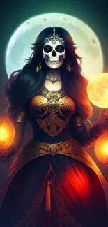 Mystical sorceress with a skull mask holding glowing orbs under a moonlit sky.