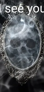 Mystical skull appearing in ornate mirror with swirling smoke.