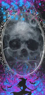 Skull mirror with neon fantasy colors on wallpaper