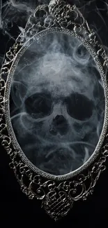 Ornate mirror with smoky skull reflection on a dark background.