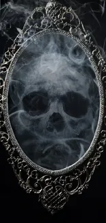 Ornate mirror with a smoky skull design on a dark background wallpaper.