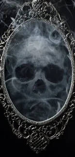 Skull mirror with decorative frame and smoky design on dark background.