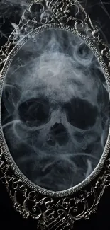 A skull appears in a smoky, ornate mirror, creating a mystical wallpaper design.