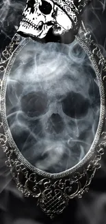 Skull reflected in an ornate mirror surrounded by swirling smoke.