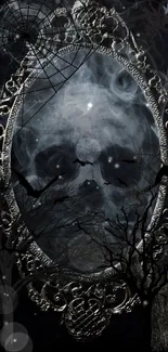 Gothic mirror with mystical skull reflection and eerie background.