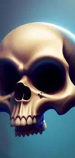 Surreal floating skull with deep shadows and a dark blue background.