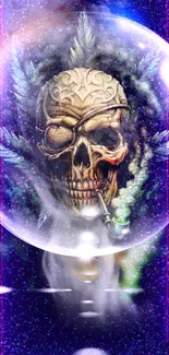 Mystical skull in a cosmic sphere wallpaper with vibrant colors.