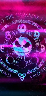 Neon skull design with mystical text in vibrant magenta hues.