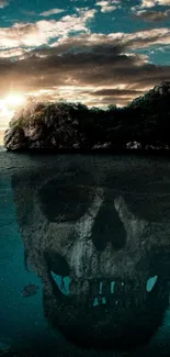 Mystical skull island at sunset with ocean view.