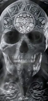 Mystical Aztec skull phone wallpaper in grayscale design.