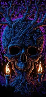 Mystical skull wallpaper with tree branches and glowing candles.