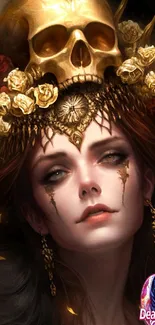 Mystical queen with golden skull crown in fantasy art wallpaper.