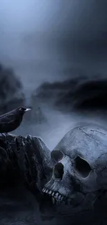 Dark gothic wallpaper with a raven and skull.