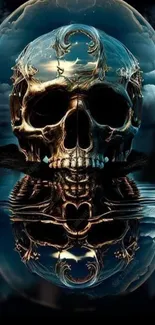 Mystical skull reflection in a dark, surreal fantasy art wallpaper.