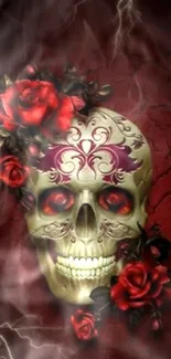 Dark wallpaper featuring a decorative skull with red roses and lightning.