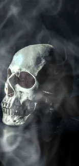 Mystical skull with smoke mobile wallpaper for an eerie dark theme.