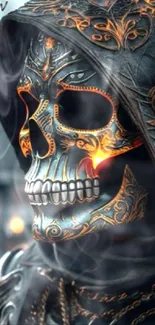 Mystical skull warrior with glowing patterns and dark hood.