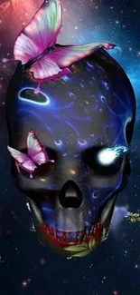 Skull with glowing butterflies in cosmic background.