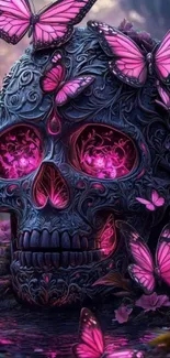 Dark skull with purple butterflies on floral background.