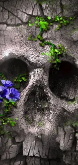 Mystical skull with purple flowers and green moss on stone texture.