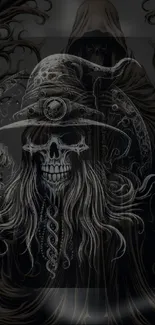 Mystical skull wizard with a hat and dark background.