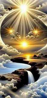 Fantasy sky with golden stars and waterfall