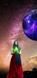 Woman under purple cosmic sphere with starry night sky background.