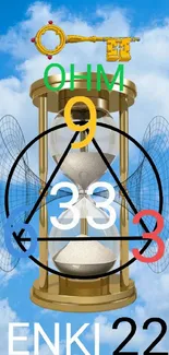 A mystical hourglass design with numbers and a blue sky background.