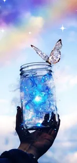 Hand holding a glowing jar with butterfly under a mystical sky.