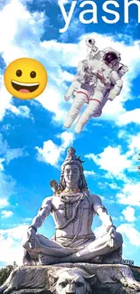 A serene Shiva statue with a sky and astronaut theme wallpaper.