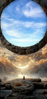 Surreal stone portal opens to a vibrant blue sky, creating a mystical and magical atmosphere.